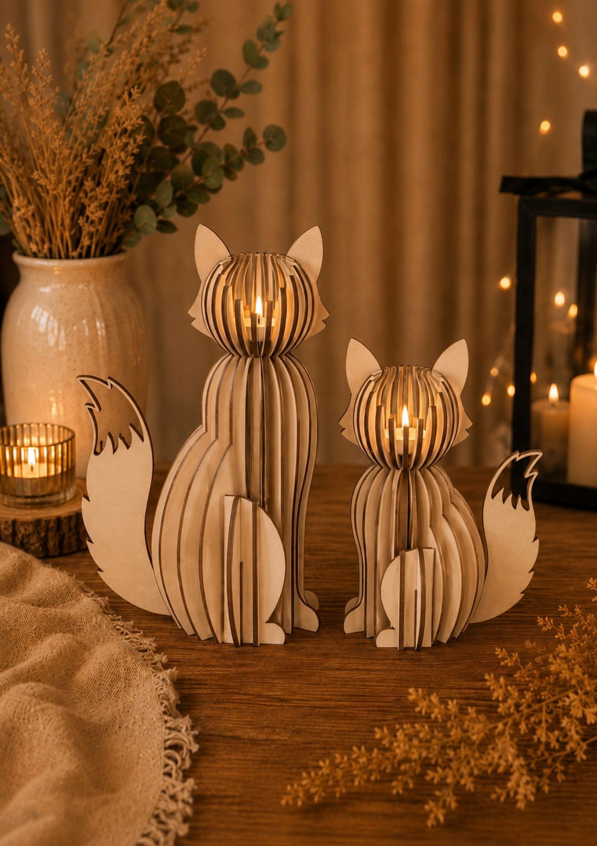 Drewniany świecznik lis na tealight – wersja naturalna (biała), mały i duży