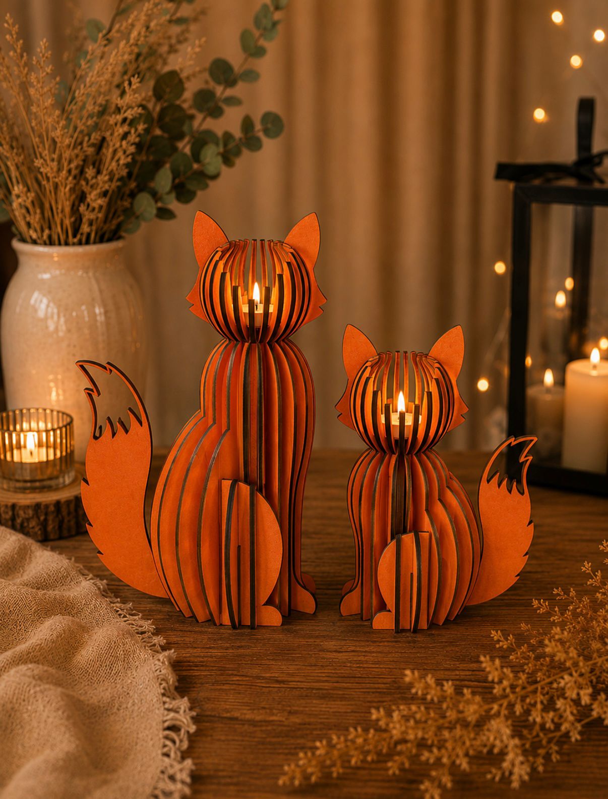 Drewniany świecznik lis na tealight – wersja pomarańczowa, mały i duży